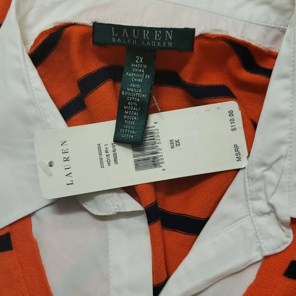 Lauren Ralph Lauren Orange and Black Striped V‑Neck Sweater